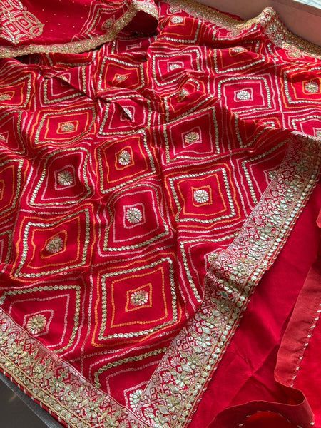 Classic Red Pure Munga Silk Banarasi Saree with Handcrafted Gotapatti Zardozi and Pearl Detailing