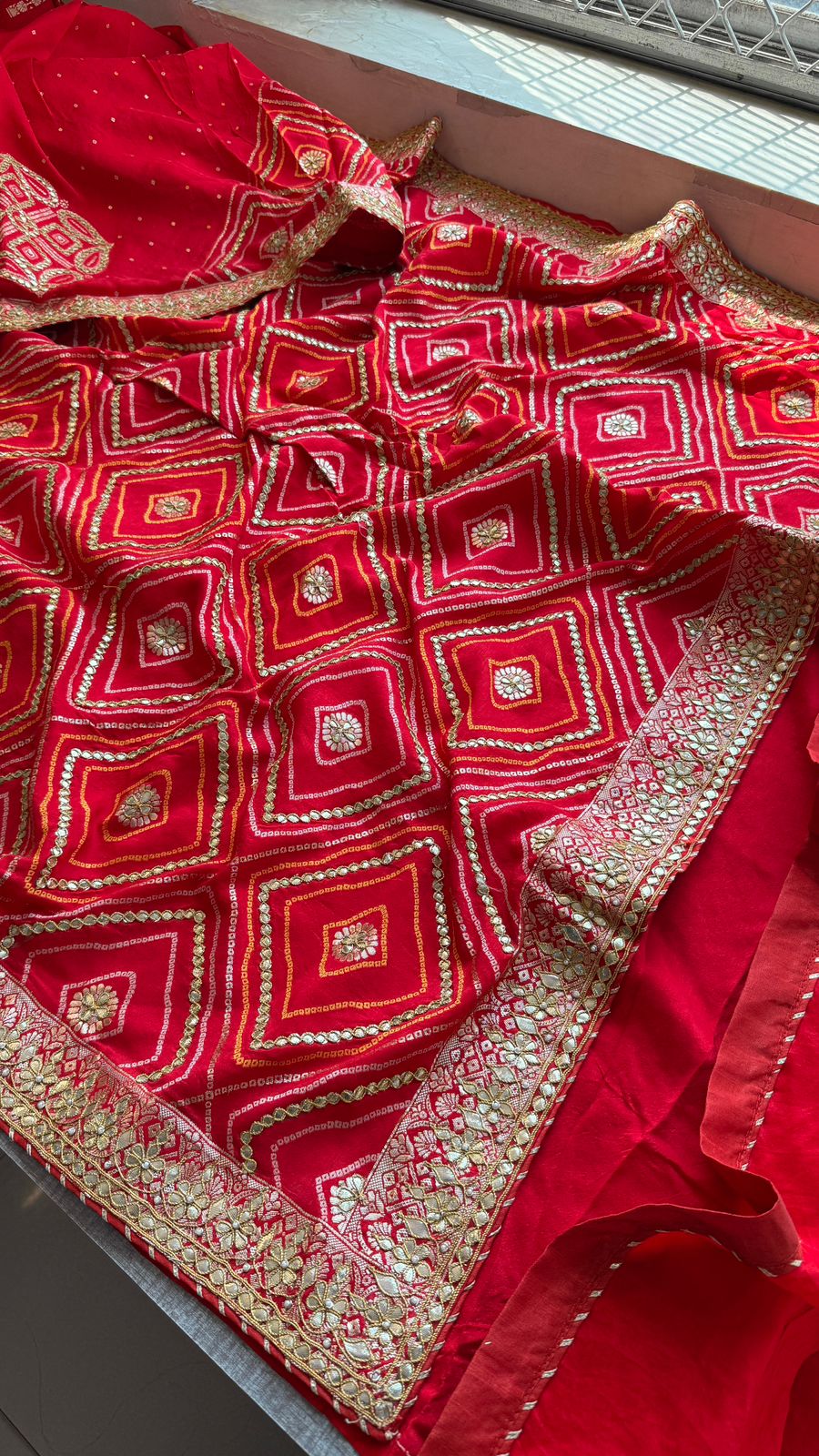 Classic Red Pure Munga Silk Banarasi Saree with Handcrafted Gotapatti Zardozi and Pearl Detailing