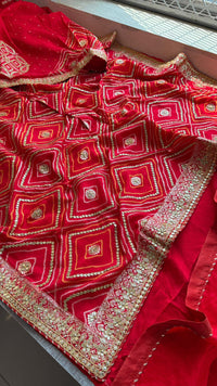 Classic Red Pure Munga Silk Banarasi Saree with Handcrafted Gotapatti Zardozi and Pearl Detailing