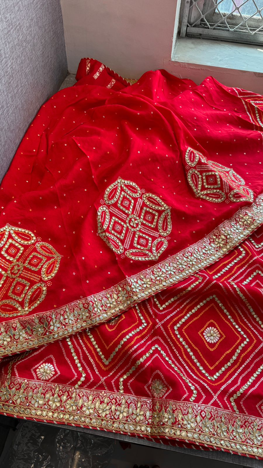 Classic Red Pure Munga Silk Banarasi Saree with Handcrafted Gotapatti Zardozi and Pearl Detailing