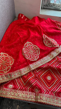 Classic Red Pure Munga Silk Banarasi Saree with Handcrafted Gotapatti Zardozi and Pearl Detailing