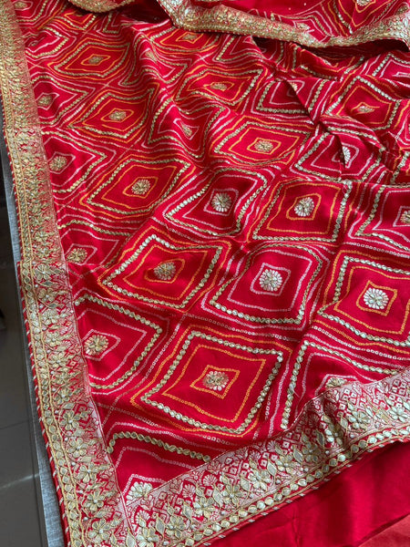 Classic Red Pure Munga Silk Banarasi Saree with Handcrafted Gotapatti Zardozi and Pearl Detailing