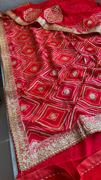 Classic Red Pure Munga Silk Banarasi Saree with Handcrafted Gotapatti Zardozi and Pearl Detailing