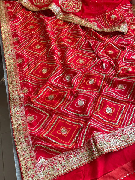 Classic Red Pure Munga Silk Banarasi Saree with Handcrafted Gotapatti Zardozi and Pearl Detailing