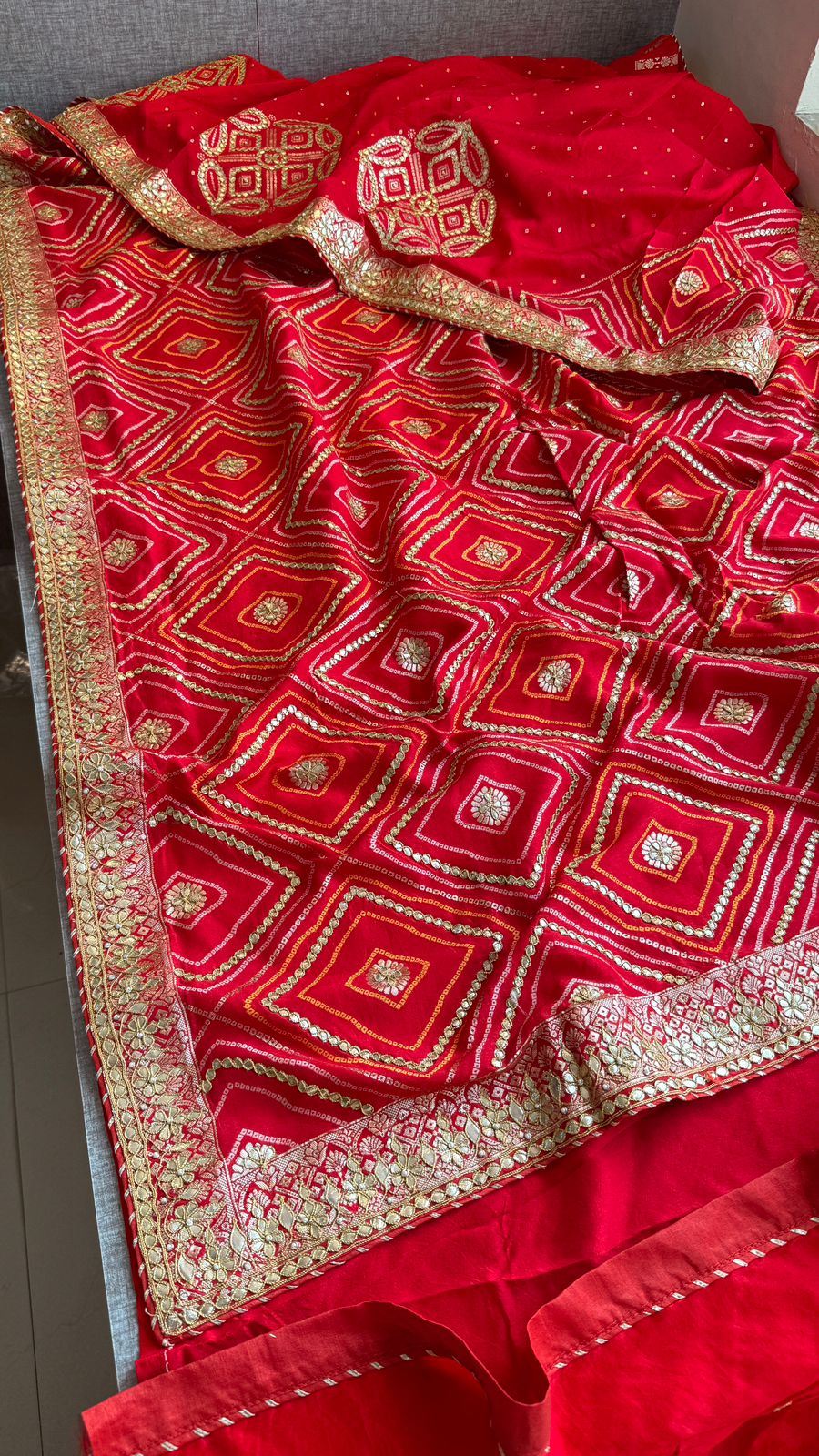Classic Red Pure Munga Silk Banarasi Saree with Handcrafted Gotapatti Zardozi and Pearl Detailing