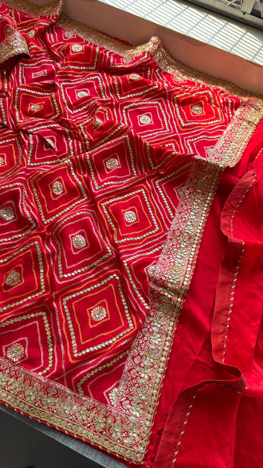 Classic Red Pure Munga Silk Banarasi Saree with Handcrafted Gotapatti Zardozi and Pearl Detailing