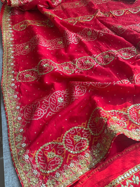 Pure Munga Silk Banarasi Saree with Handcrafted Gotapatti Zardozi and Pearl Embroidery