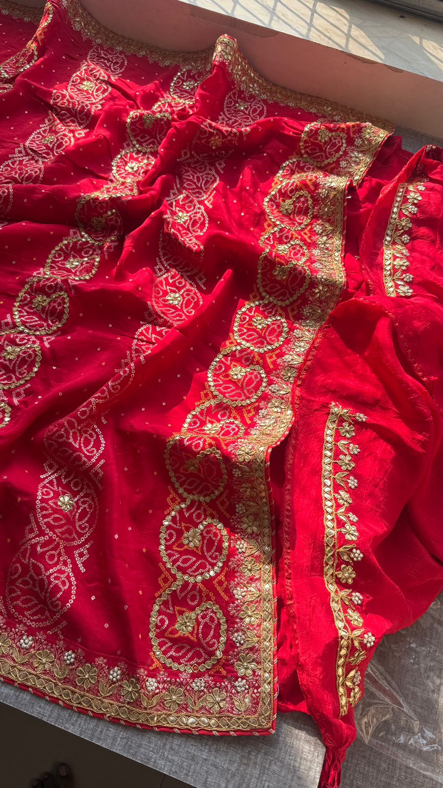 Pure Munga Silk Banarasi Saree with Handcrafted Gotapatti Zardozi and Pearl Embroidery