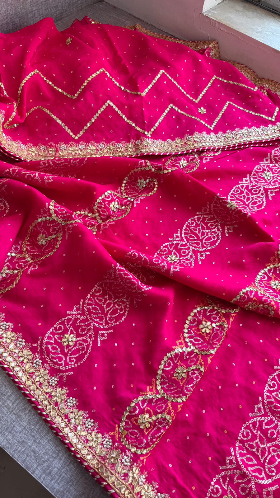 Pure Munga Silk Banarasi Saree with Handcrafted Gotapatti Zardozi and Pearl Embroidery