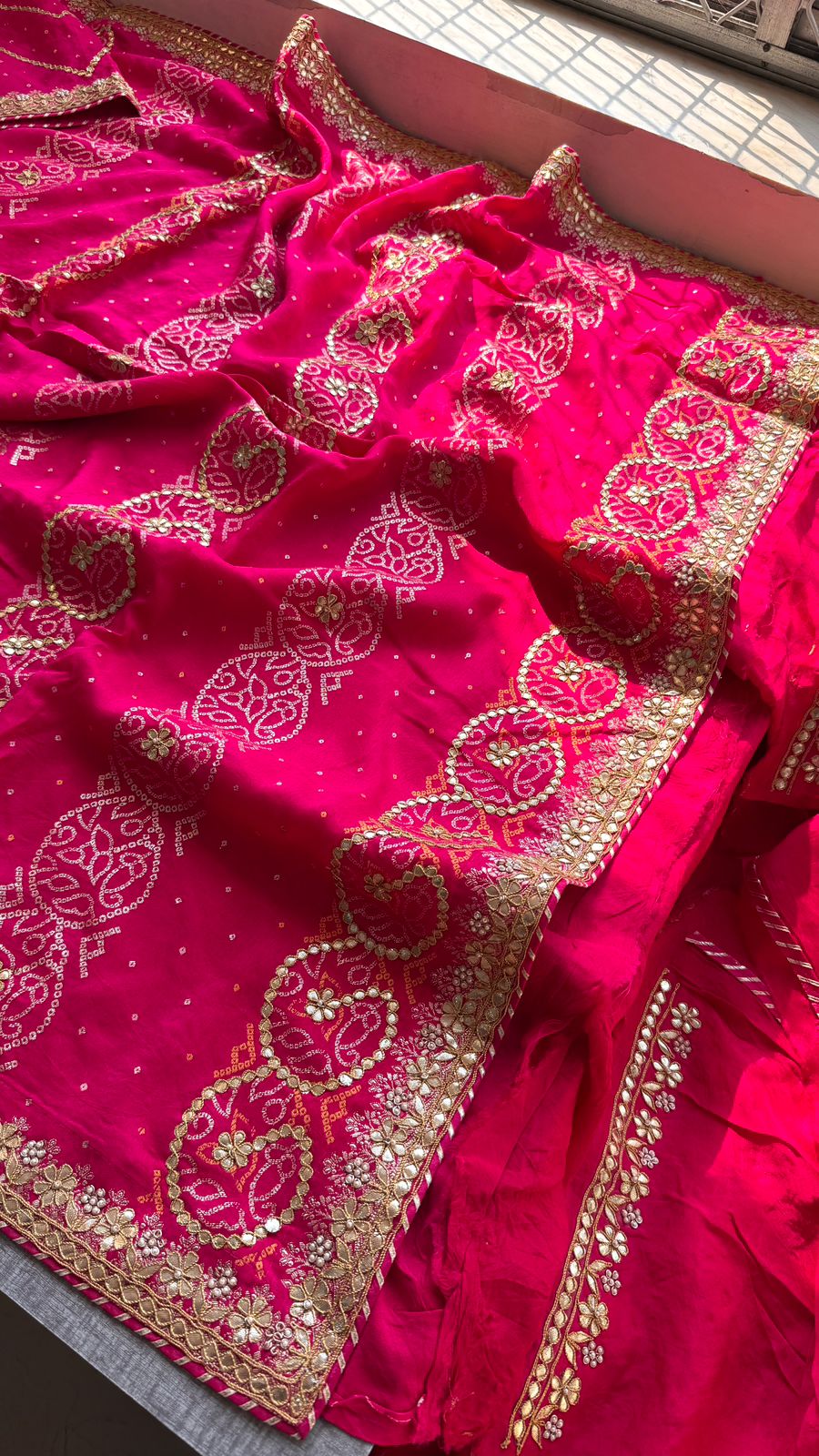 Pure Munga Silk Banarasi Saree with Handcrafted Gotapatti Zardozi and Pearl Embroidery
