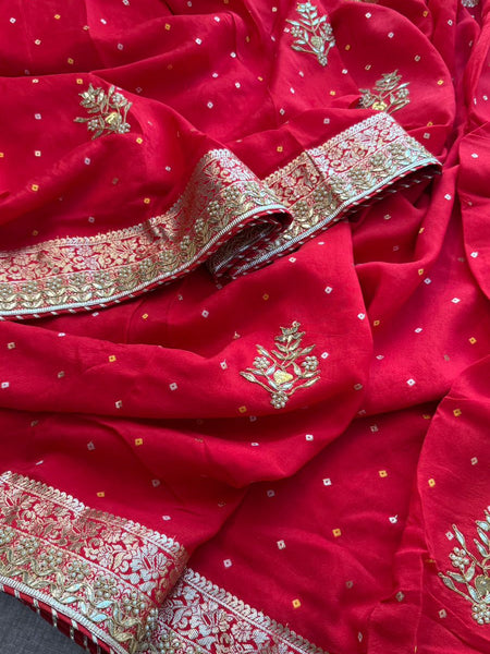 Pure Munga Silk Banarasi Saree with Handcrafted Zardozi Gota Patti and Pearl Embroidery