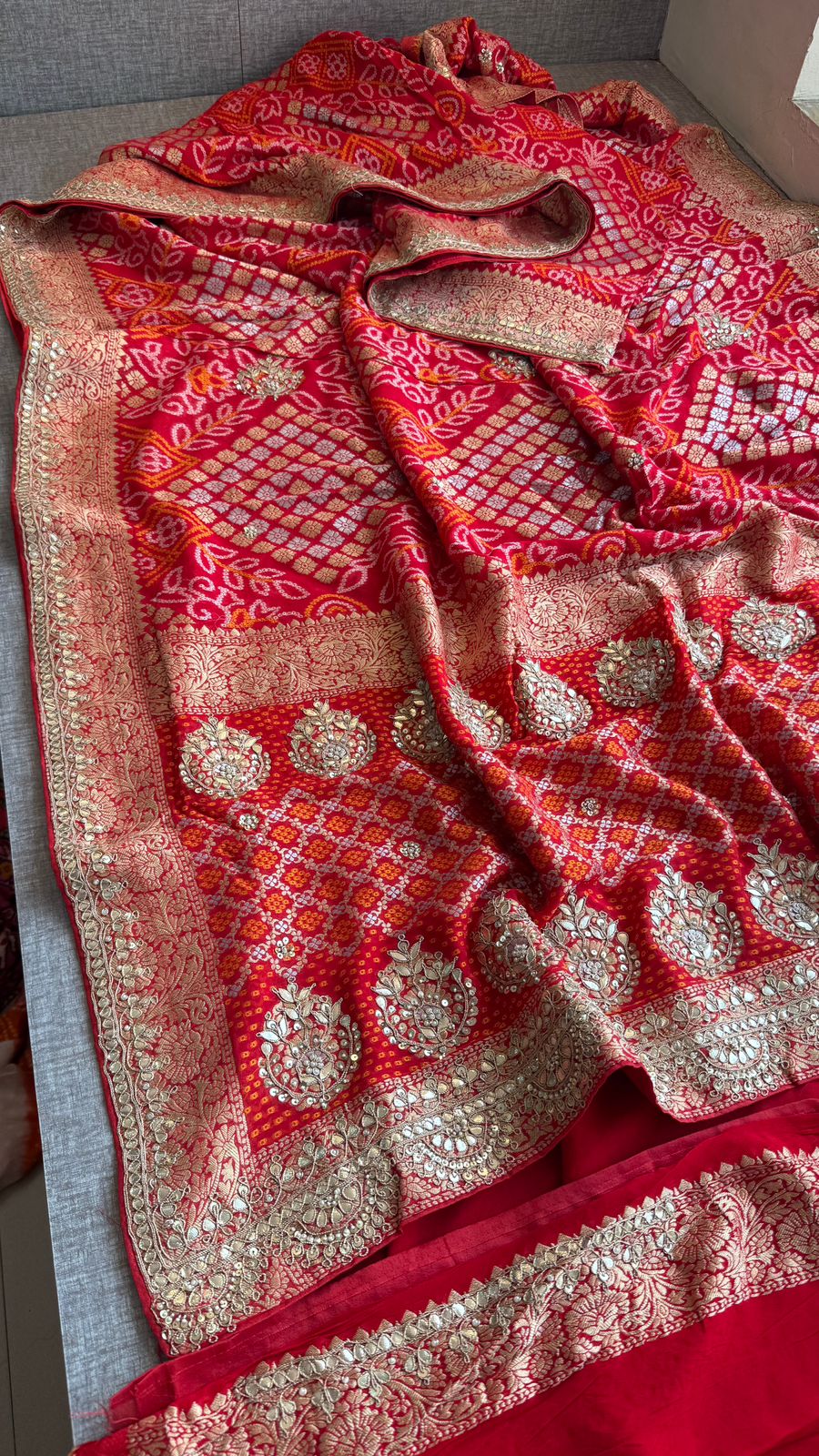 Pure Khaddi Georgette Banarasi Saree with Handcrafted Zardozi Gota Patti Pearl and Sequins Embroidery
