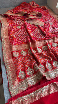Pure Khaddi Georgette Banarasi Saree with Handcrafted Zardozi Gota Patti Pearl and Sequins Embroidery
