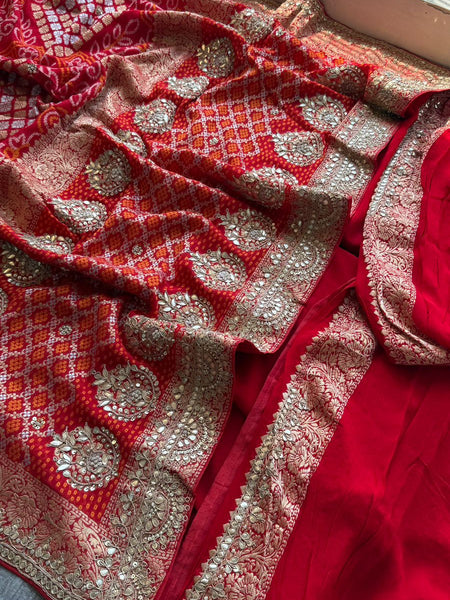 Pure Khaddi Georgette Banarasi Saree with Handcrafted Zardozi Gota Patti Pearl and Sequins Embroidery