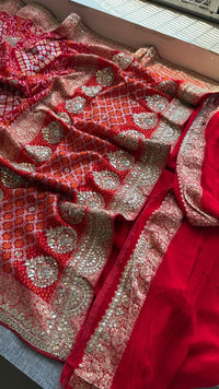 Pure Khaddi Georgette Banarasi Saree with Handcrafted Zardozi Gota Patti Pearl and Sequins Embroidery