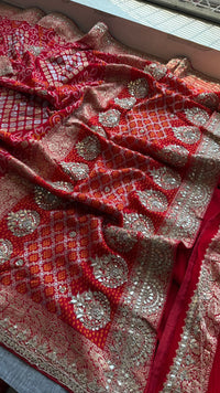 Pure Khaddi Georgette Banarasi Saree with Handcrafted Zardozi Gota Patti Pearl and Sequins Embroidery