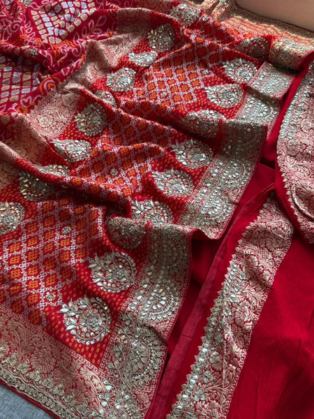 Pure Khaddi Georgette Banarasi Saree with Handcrafted Zardozi Gota Patti Pearl and Sequins Embroidery