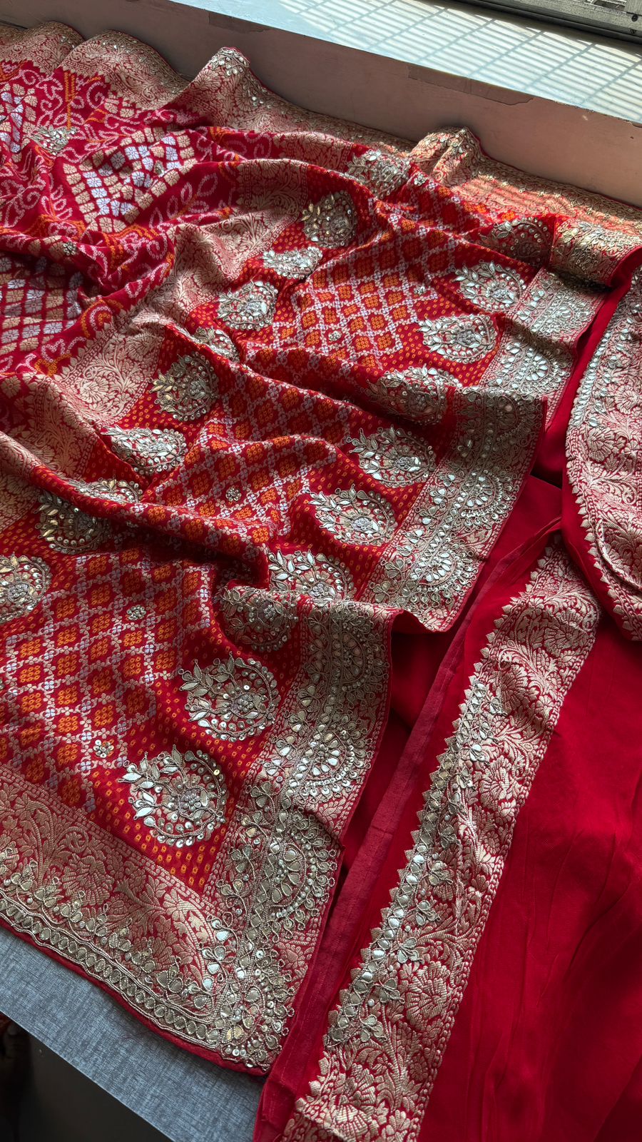Pure Khaddi Georgette Banarasi Saree with Handcrafted Zardozi Gota Patti Pearl and Sequins Embroidery