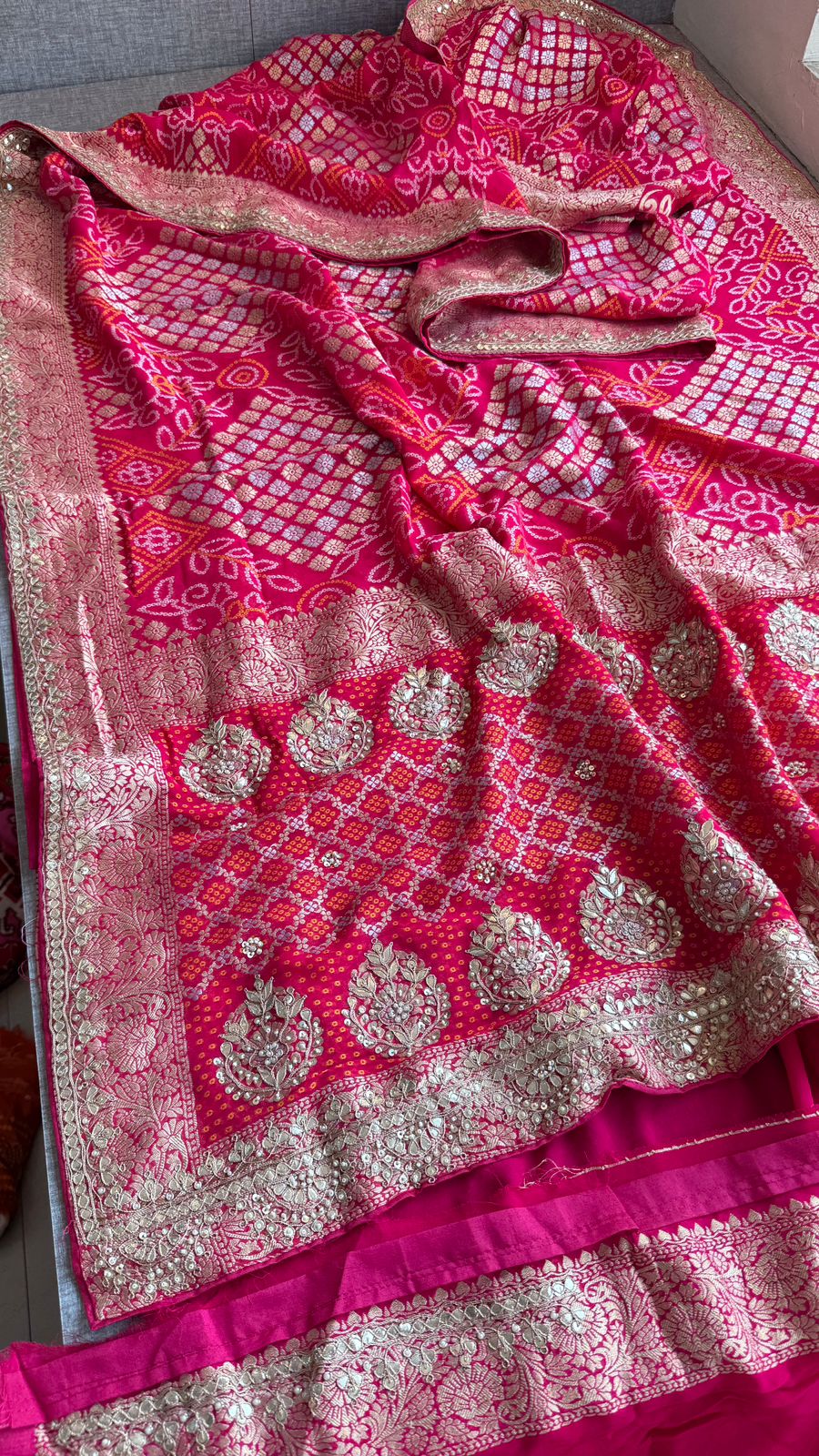 Pure Khaddi Georgette Banarasi Saree with Handcrafted Zardozi Gota Patti Pearl and Sequins Embroidery