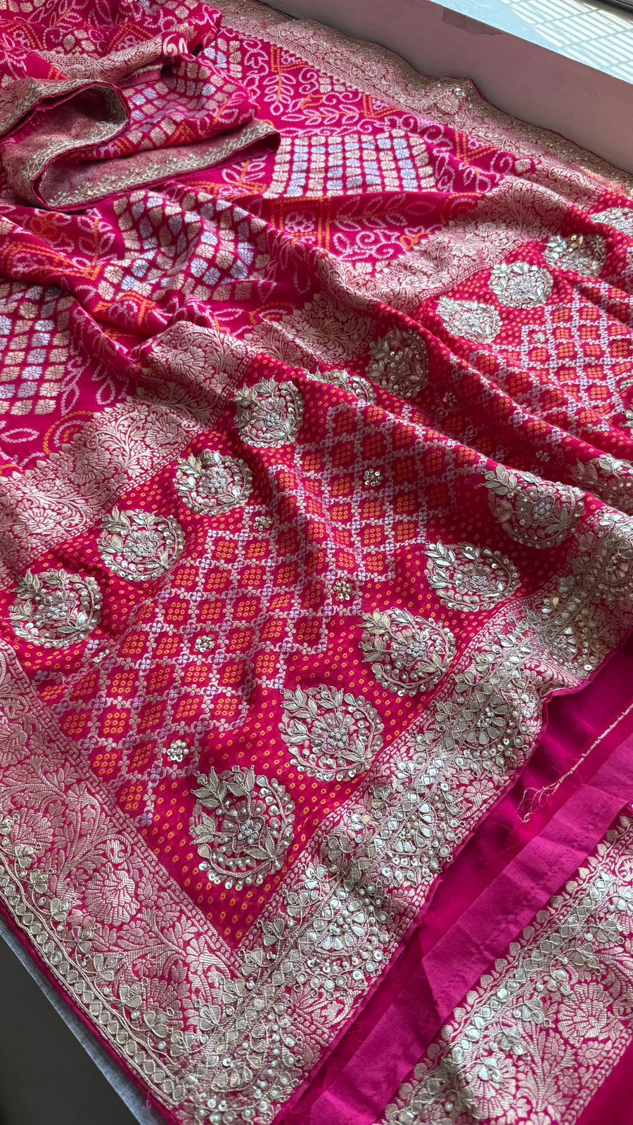 Pure Khaddi Georgette Banarasi Saree with Handcrafted Zardozi Gota Patti Pearl and Sequins Embroidery
