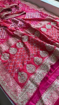 Pure Khaddi Georgette Banarasi Saree with Handcrafted Zardozi Gota Patti Pearl and Sequins Embroidery