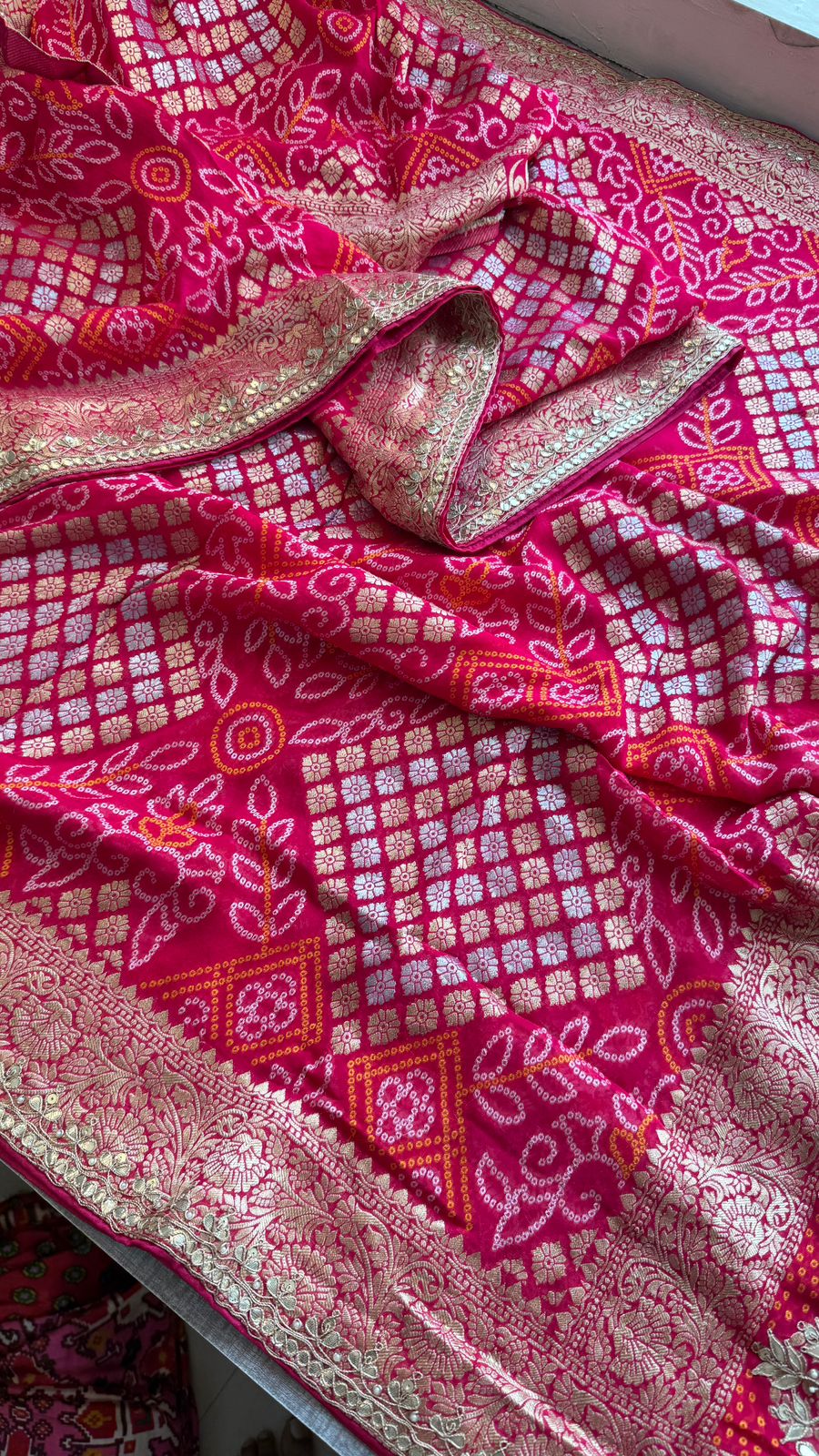 Pure Khaddi Georgette Banarasi Saree with Handcrafted Zardozi Gota Patti Pearl and Sequins Embroidery