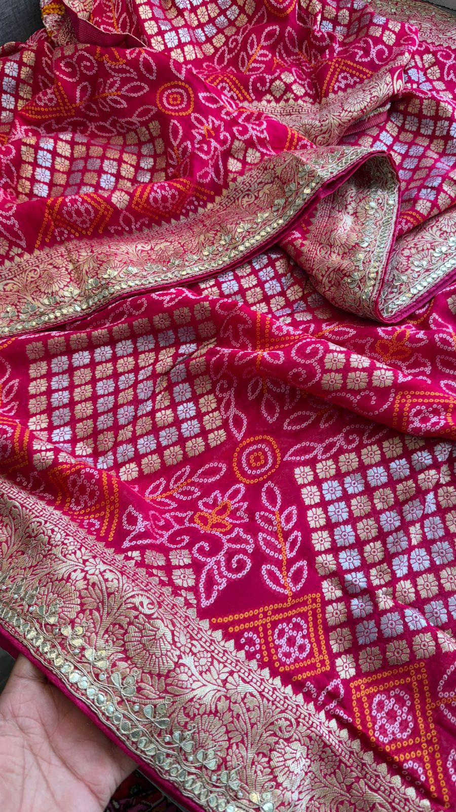 Pure Khaddi Georgette Banarasi Saree with Handcrafted Zardozi Gota Patti Pearl and Sequins Embroidery