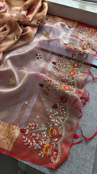 Champagne Gold Pure Soft Tissue Silk Banarasi Saree with Handcrafted Gota Patti Zardozi Pearl Resham and Sequins Embroidery