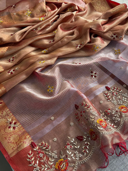 Champagne Gold Pure Soft Tissue Silk Banarasi Saree with Handcrafted Gota Patti Zardozi Pearl Resham and Sequins Embroidery