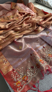 Champagne Gold Pure Soft Tissue Silk Banarasi Saree with Handcrafted Gota Patti Zardozi Pearl Resham and Sequins Embroidery