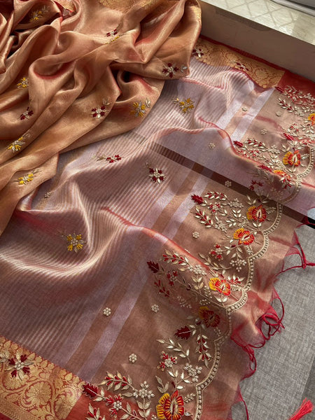 Champagne Gold Pure Soft Tissue Silk Banarasi Saree with Handcrafted Gota Patti Zardozi Pearl Resham and Sequins Embroidery
