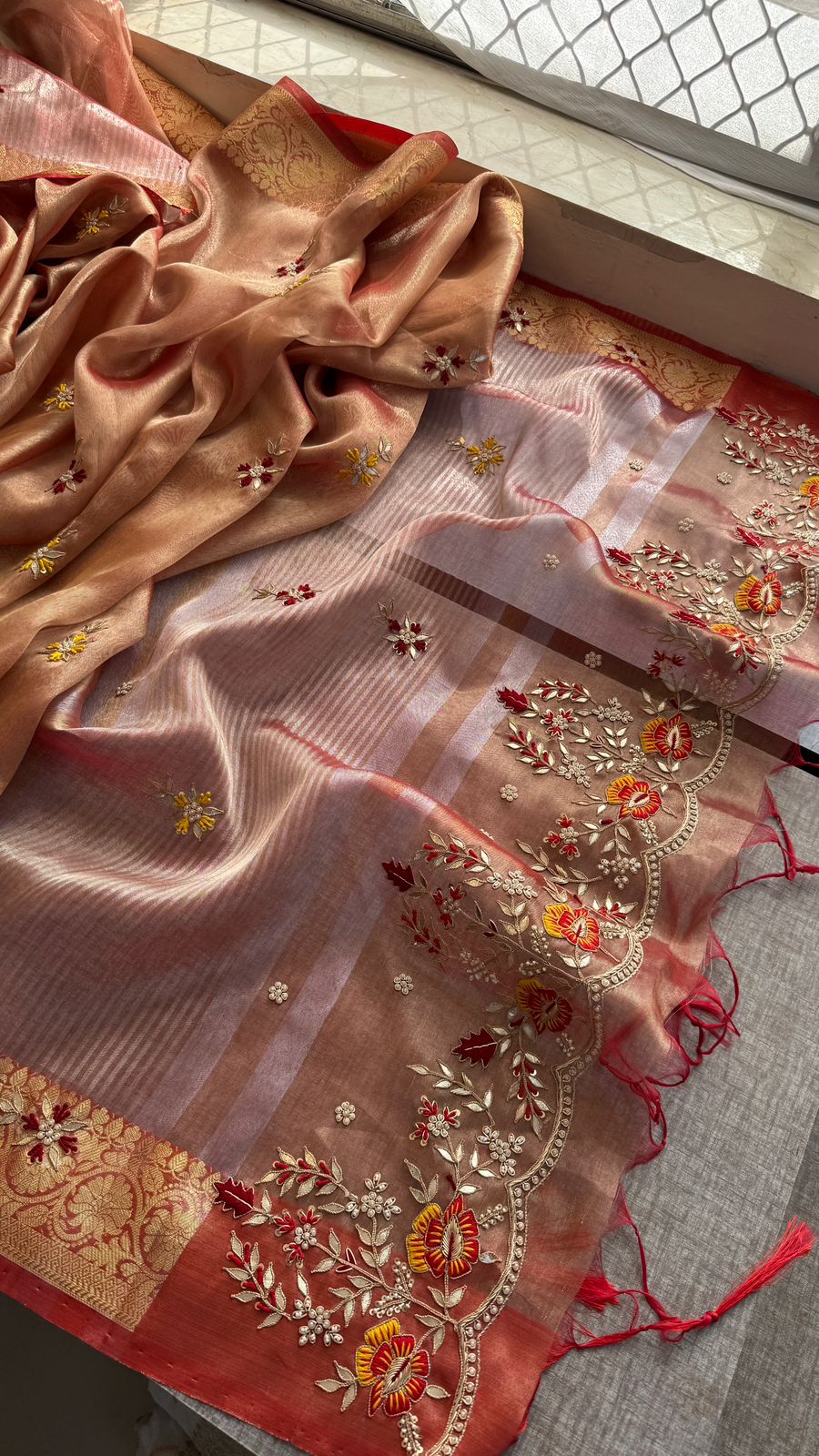 Champagne Gold Pure Soft Tissue Silk Banarasi Saree with Handcrafted Gota Patti Zardozi Pearl Resham and Sequins Embroidery