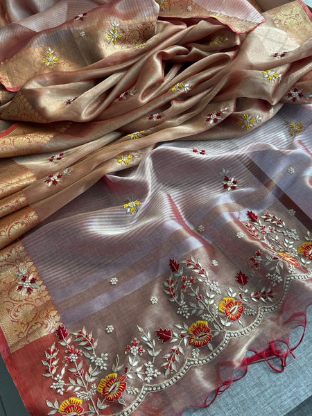Champagne Gold Pure Soft Tissue Silk Banarasi Saree with Handcrafted Gota Patti Zardozi Pearl Resham and Sequins Embroidery