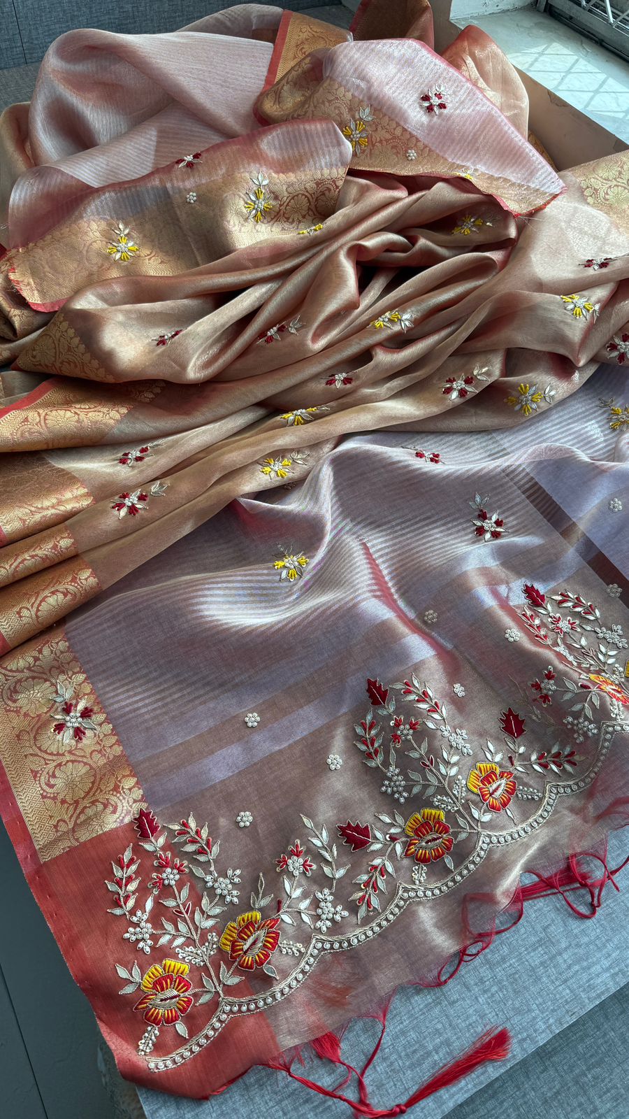 Champagne Gold Pure Soft Tissue Silk Banarasi Saree with Handcrafted Gota Patti Zardozi Pearl Resham and Sequins Embroidery