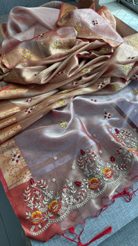 Champagne Gold Pure Soft Tissue Silk Banarasi Saree with Handcrafted Gota Patti Zardozi Pearl Resham and Sequins Embroidery