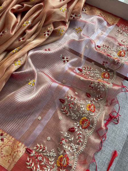 Champagne Gold Pure Soft Tissue Silk Banarasi Saree with Handcrafted Gota Patti Zardozi Pearl Resham and Sequins Embroidery