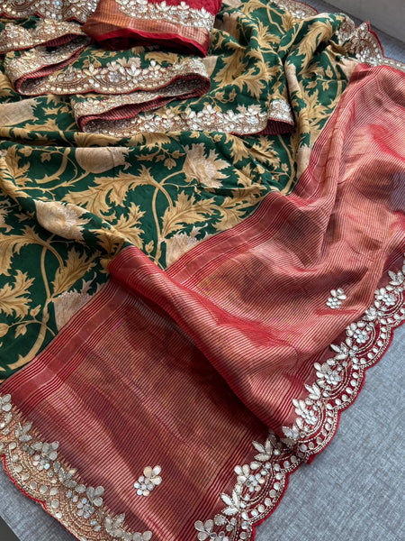 Pure Munga Silk Banarasi Saree with Handcrafted Gota Patti Zardozi and Cutdana Embroidery