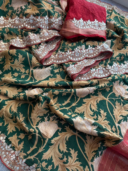 Pure Munga Silk Banarasi Saree with Handcrafted Gota Patti Zardozi and Cutdana Embroidery