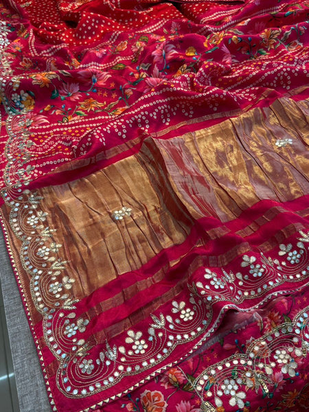 Pure Gajji Silk Lakdi Patta Digital Print Saree with Handcrafted Gota Patti Kutdana Sequins and Kasab Work