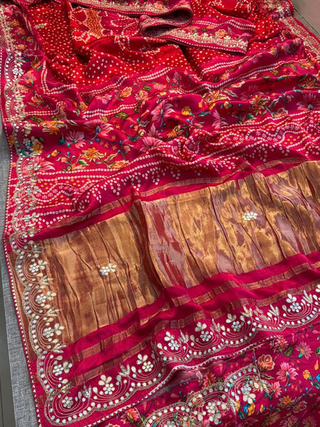 Pure Gajji Silk Lakdi Patta Digital Print Saree with Handcrafted Gota Patti Kutdana Sequins and Kasab Work