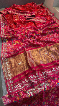 Pure Gajji Silk Lakdi Patta Digital Print Saree with Handcrafted Gota Patti Kutdana Sequins and Kasab Work