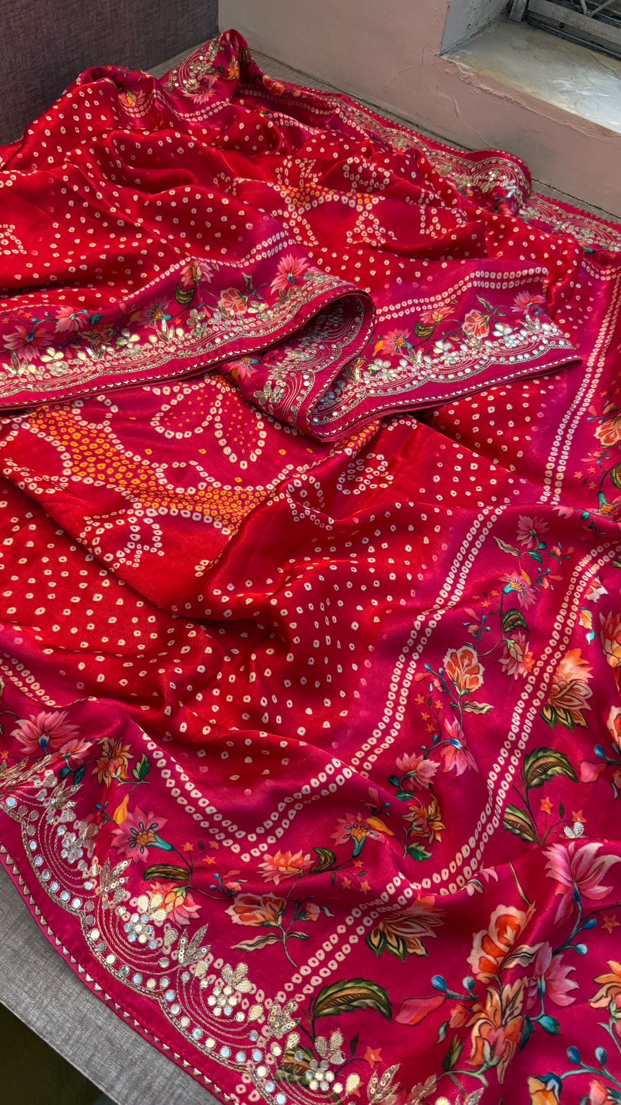 Pure Gajji Silk Lakdi Patta Digital Print Saree with Handcrafted Gota Patti Kutdana Sequins and Kasab Work