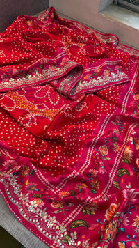 Pure Gajji Silk Lakdi Patta Digital Print Saree with Handcrafted Gota Patti Kutdana Sequins and Kasab Work