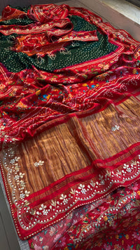 Pure Gajji Silk Lakdi Patta Digital Print Saree with Handcrafted Gota Patti Kutdana Sequins and Kasab Work