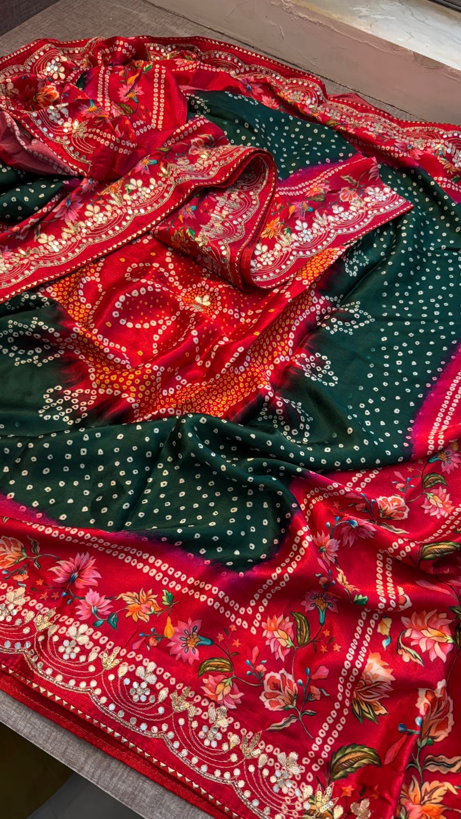 Pure Gajji Silk Lakdi Patta Digital Print Saree with Handcrafted Gota Patti Kutdana Sequins and Kasab Work