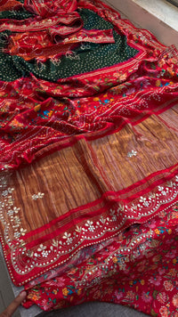 Pure Gajji Silk Lakdi Patta Digital Print Saree with Handcrafted Gota Patti Kutdana Sequins and Kasab Work