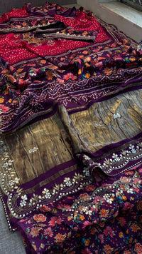 Pure Gajji Silk Lakdi Patta Digital Print Saree with Handcrafted Gota Patti Kutdana Sequins and Kasab Work