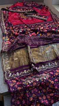 Pure Gajji Silk Lakdi Patta Digital Print Saree with Handcrafted Gota Patti Kutdana Sequins and Kasab Work