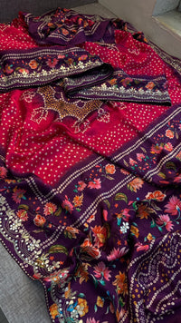 Pure Gajji Silk Lakdi Patta Digital Print Saree with Handcrafted Gota Patti Kutdana Sequins and Kasab Work