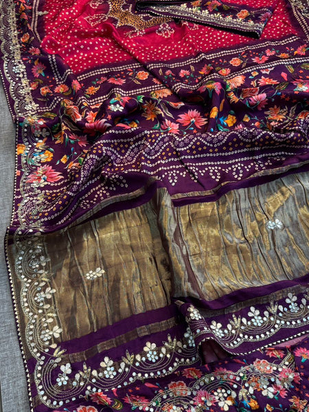 Pure Gajji Silk Lakdi Patta Digital Print Saree with Handcrafted Gota Patti Kutdana Sequins and Kasab Work